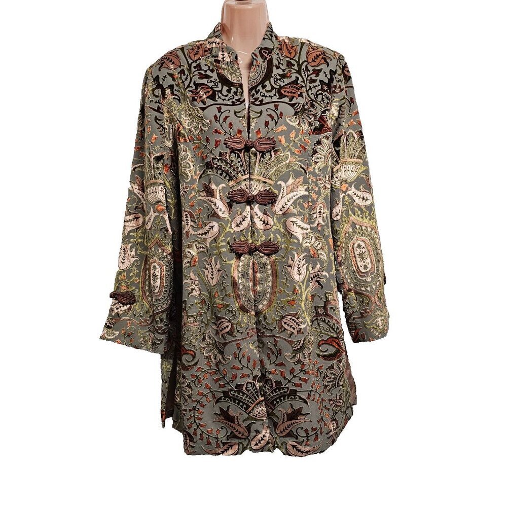 Soft Surroundings Burnout Velvet Button Up Jacket Women Size M Mandarin Style